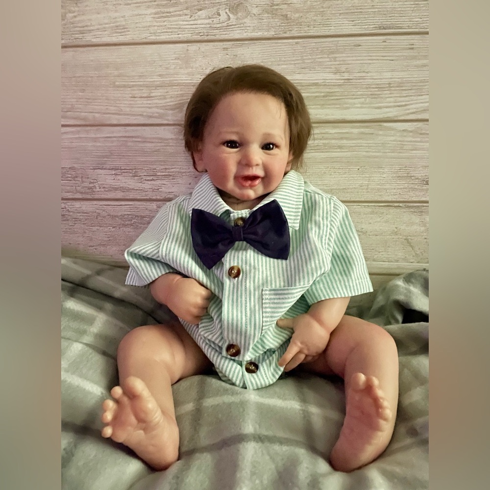 Beautiful Collectible Weighted Baby Doll w Striped Baby Doll Outfit with Bow Tie